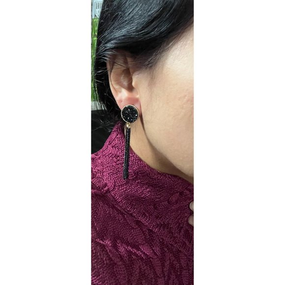 Black Pierced elegant statement Earring gold wedding tassel sparkle black chain - Picture 2 of 3